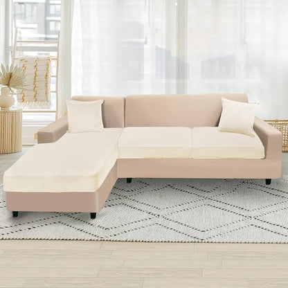 NAISI Sectional Couch Cover 3 Pieces Velvet Separate Couch Cushion Covers L Shape Soft Stretch Sofa Slipcovers with 2pcs Pillowcases for Left/Right Chaise Sectional Couch(2 Seater+1 Chaise,Cream)