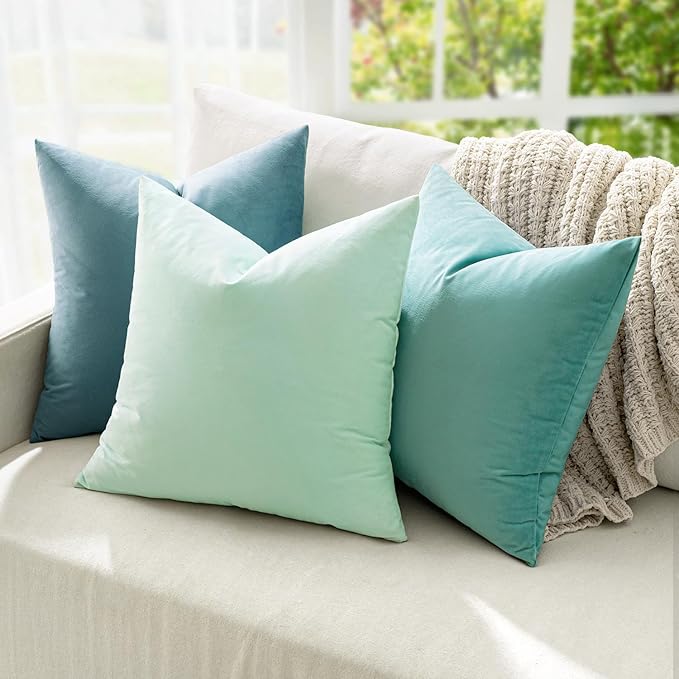 MIULEE 24x24 Inch Euro Sham Velvet Pillow Covers, Set of 2 Large Square Decorative Pillows -Aqua Green Super Soft for King Bed, Sofa, Couch, Accent Chairs with Hidden Zipper