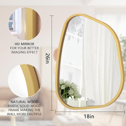 Large Asymmetrical Wall Mirror Irregular Wood Frame Modern Unique Wall-Mounted Artistic Wavy Mirror Decor Bathroom Vanity Bedroom Living Room Entryway Hallway 26"x18"