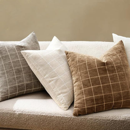 MIULEE Decorative Chenille Check Throw Pillow Covers Vintage Plaid Couch Pillows 18x18 Inch Set of 2 Neutral Boho Farmhouse Cushion Covers Modern Home Decor for Sofa Bed Living Room Toffee
