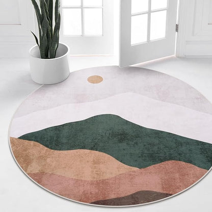 4ft Abstract Round Rug,Soft Washable Non-Slip Sun and Mountain Circle Kids Room Rugs,Chic Faux Wool Low-Pile Circular Throw Rugs for Entryway/Bedroom/Nursery/Living Room/Bathroom(Grey)