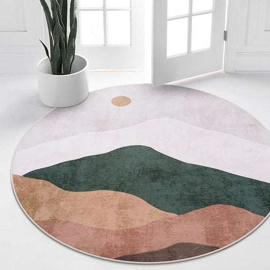 4ft Abstract Round Rug,Soft Washable Non-Slip Sun and Mountain Circle Kids Room Rugs,Chic Faux Wool Low-Pile Circular Throw Rugs for Entryway/Bedroom/Nursery/Living Room/Bathroom(Grey)