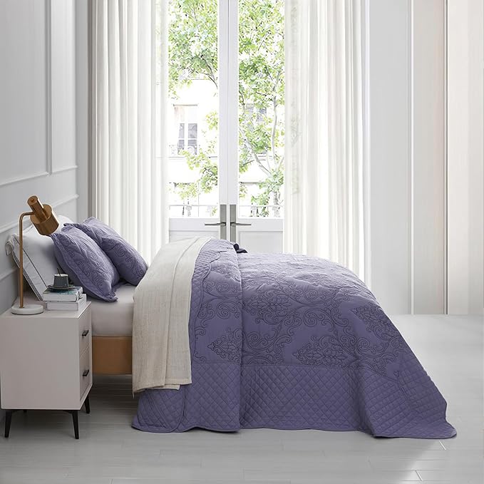 CHIXIN Bedspread Coverlet Set Queen Size - Lightweight Bedding Cover - Beautiful Stitching - 5 Piece Reversible Bedspread - Luxury Damask Paisley Pattern (Queen, Lavender)