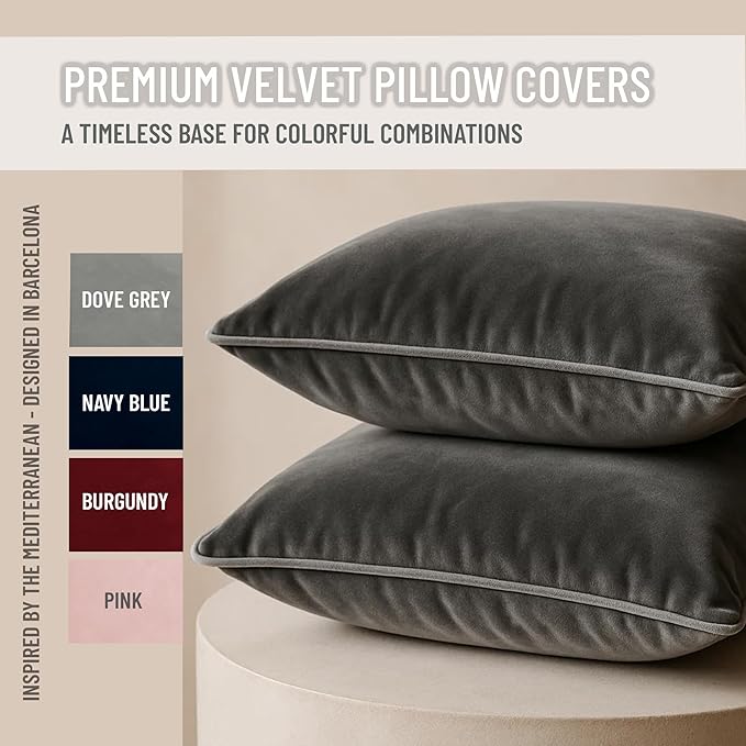 2 Pack Velvet Decorative Throw Pillow Covers, 12"x20", Deep Grey, Solid, Modern, Contrast Piping, Indoor Use, Bedroom & Living Room