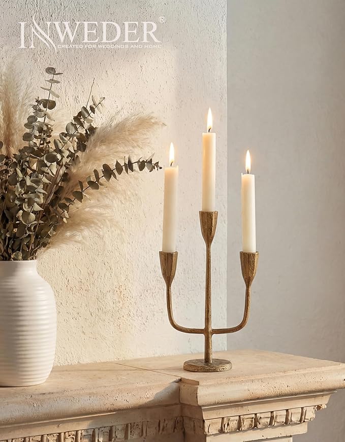 Cast Iron Gold Candelabra: 10.4 Inch Tall Vintage Taper Candle Holders 3 Arms Brass Candlestick Holders Antique Candelabra Centerpieces for Tables Fireplace Living Room Decor Set of 1