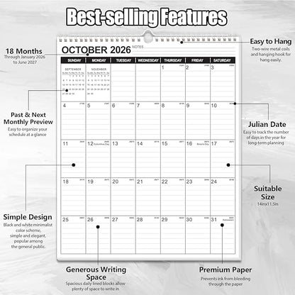 OuMuaMua Wall Calendar 2026, 11.5" X 14" 18-Month Vertical Wall Calendar 2026-2027, Runs From 2026 Jan - 2027 Jun with Thick Paper Spiral Bound For School Home Office Organizing