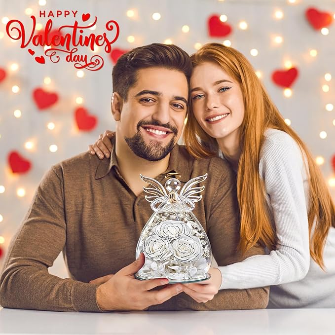 Beferr Valentines Day Rose Gifts for Her Women Mom Gifts for Birthday, Fresh Flowers for Delivery Prime Forever Preserved Rose in Glass Angel Figurine, for Grandma Wife Kids Daughter