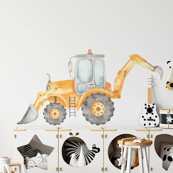 Construction Tractor Backhoe Loader Wall Decal for Boys Room, Construction Eqipment Peel Stick Removable Fabric Wall Sticker, Nursery or Playroom Decor, Repositionable (36 inch: 20" Tall x 36" Wide)