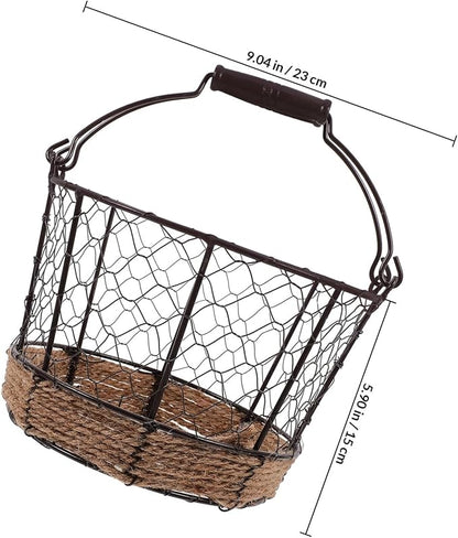 Mobestech Iron Wire Woven Small Storage Basket with Handle, Metal Sundry Organizer for Kitchen Countertop and Desktop, Vintage round Iron Fruit and Bread Holder for Home Storage