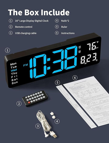 MASHI Digital Wall Clock, 16" Large Display Digital Clock with Remote Control, Auto-Dimming Wall Clock with Night Light, DST, Date Week,Temp for Living Room, Bedroom, Decor, for Elderly