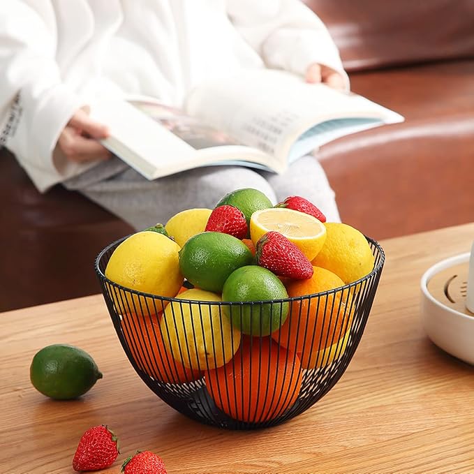 HOMQUEN Fruit Basket, Fruit Bowl, Metal Wire Fruit Basket for kitchen, Fruit Bowl for Kitchen Counter, Basket for Fruits, Vegetables, Breads, Snacks, Kitchen Gadgets (Round Tall, Black)