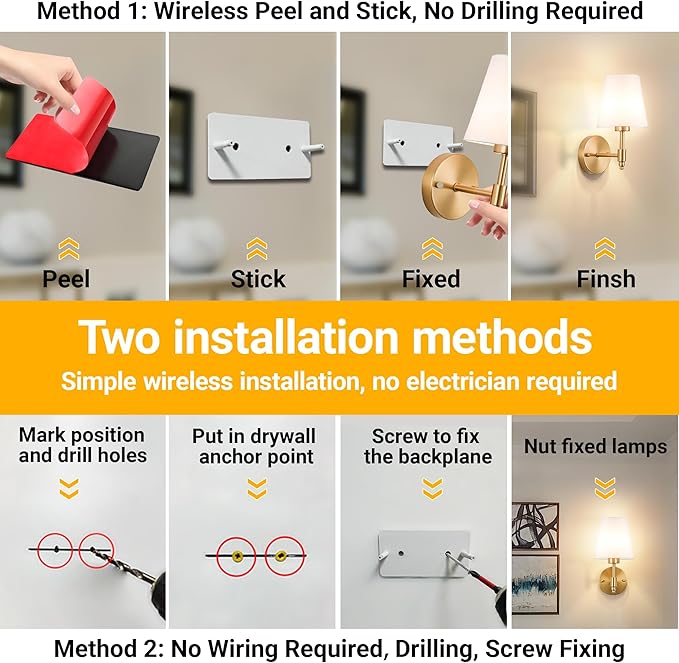 Battery Operated Wall Sconce: Renter Friendly Peel and Stick Adhesive Wall Light Easy to Install, Rechargeable Wireless Wall Lamp for Bedroom Living Room DIY Home Wall Decor
