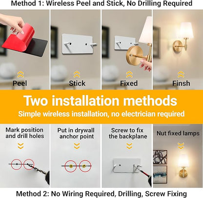 Battery Operated Wall Sconce: Renter Friendly Peel and Stick Adhesive Wall Light Easy to Install, Rechargeable Wireless Wall Lamp for Bedroom Living Room DIY Home Wall Decor