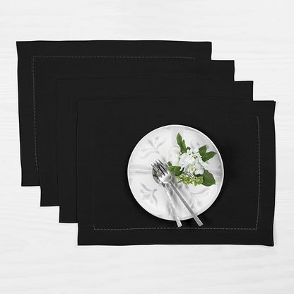 Solino Home Linen Placemats Set of 4 - Classic Hemstitch Black Placemats 14 x 19 Inch - 100% Pure Linen Table Mats for Winter, Holiday, New Year