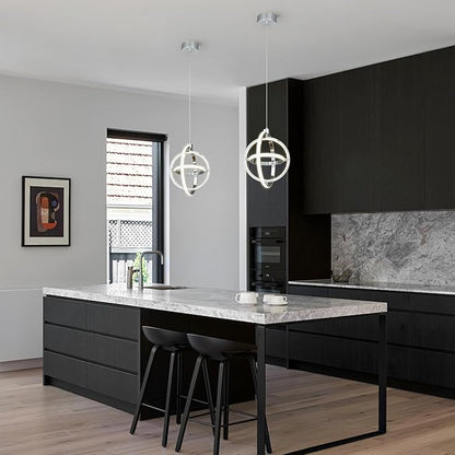 Modern LED Pendant Light Chrome Pendant Lights 4000K Dimmable External Glow Height Adjustable Pendant Lighting for Kitchen Island Dining Room Bedroom Living Room Foyer（3-Ring）
