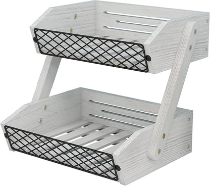 Dorhors Fruit Basket for Kitchen, 2 Tier Fruit Bowl,Kitchen Counter Organizer,Wooden Vegetable Holder for Countertop,Bread Storage Basket Stand (Rustic White)