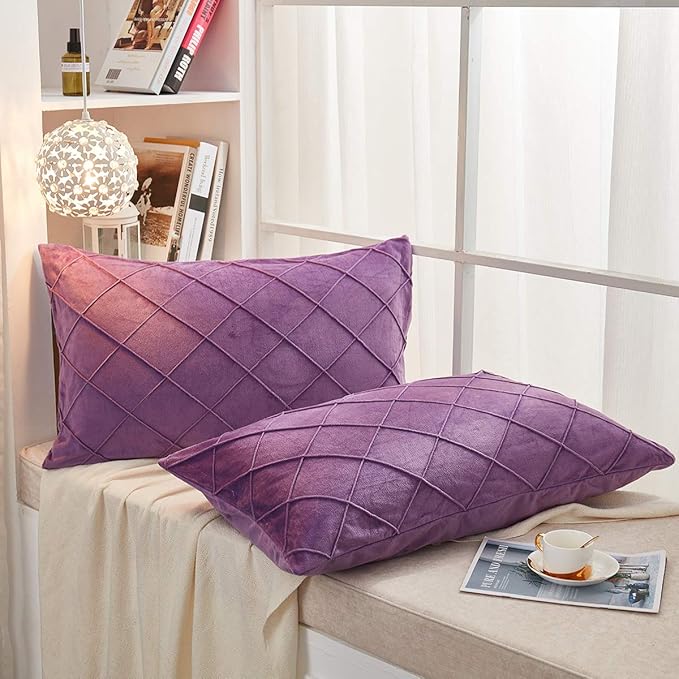 JAUXIO Diamond Pinch Pleated Crystal Velvet Pillowcases 2 Pack Solid Pintuck Throw Cushion Cover for Home Decor Hidden Zipper Closure (Purple, King)