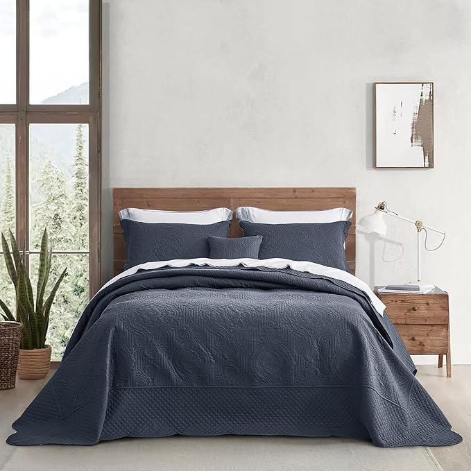 HZ & HY Oversized King Bedspread 128x120 Extra Wide, Ultrasonic Coverlet Bedding Set, Lightweight Thin Comforter, Reversible, 5 Piece, 100% Microfiber, Navy Blue