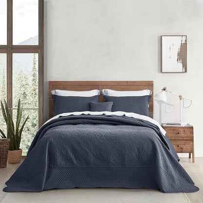 HZ & HY Oversized King Bedspread, Ultrasonic Coverlet Bedding Set, Lightweight Thin Comforter, Reversible, 5 Piece, 100% Microfiber, Navy Blue