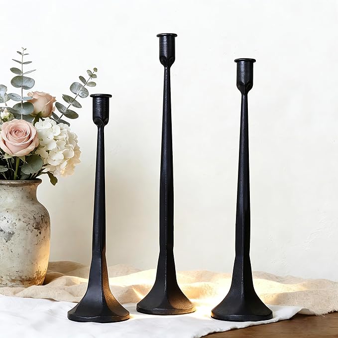 Iron Taper Candle Holder Set of 3 15.5” 14” 12” Decorative Modern Vintage Metal Tall Candlestick Holders for Wedding, Dinning Table,Mantle, Party Decoration (3, Black)