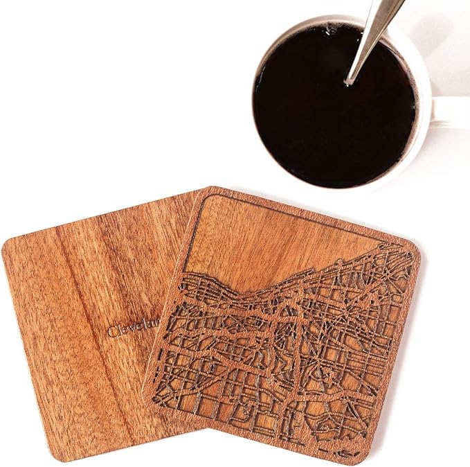 Cleveland Map Coaster, Set of 4, Sapele Wooden Coaster with city map, Multiple city optional, Handmade