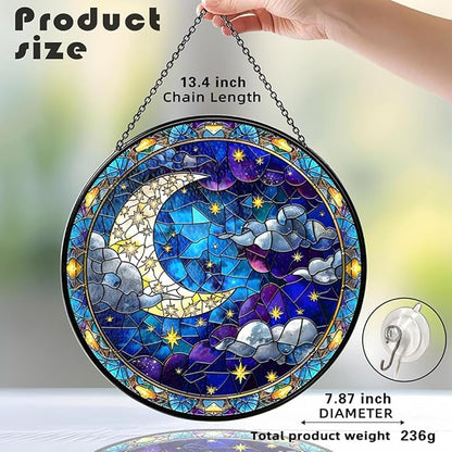 Moon Suncatcher Stained Glass Window Hanging Decor-Celestial Night Sky Design for Indoor Windows, Bedroom or Living Room, Unique Gift for Women, Housewarming, New Home and Spiritual Space Decoration