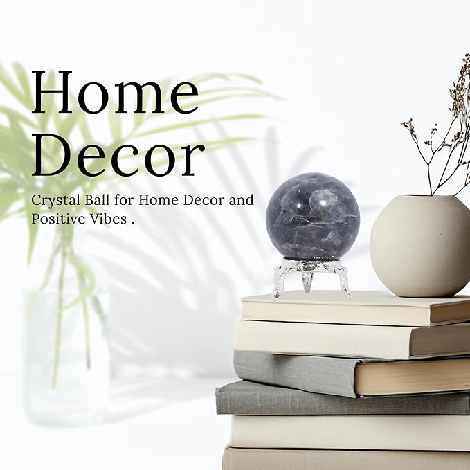 Crocon 45mm Iolite Stone Sphere Ball with Metal Stand 1400+ Carats Gemstone Ball Healing Sphere Sculpture Figurine for Fengshui Divination Home Decoration Photography Crystal Sphere