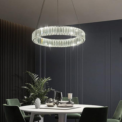 Modern Crystal Chandeliers Dimmable LED 20inch Ring Chandelier with Remote, Round Crystal Pendant Light for Kitchen Dining Room Living Room Bedroom