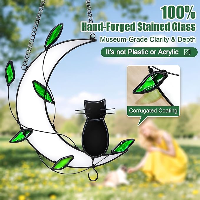 Stained Glass Window Hanging Suncatcher, IDEA SHOW Cat Loss Sympathy Gift, Real Glass Window Hanging Ornament, Handcrafted Home Decor Memorial Gift for Lover Cat Loss