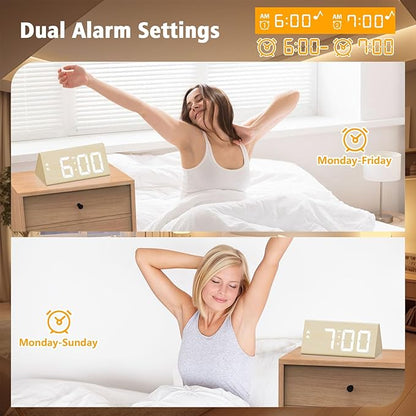 Wooden Digital Alarm Clock with Dual USB Charging Ports, DST, Dimmable, Snooze, Modern Large Time Display LED Clock for Kids Bedrooms, Living Room, Desk, Table, Bedside, Nightstand (Bamboo)