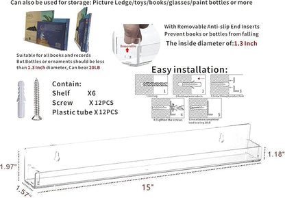 Cq acrylic Invisible Clear Floating Bookshelf - 15" Hanging Wall Mounted Display Shelf for Kids Room, Modern U Shaped Ledge for Books,Picture,Toys, Vinyl Records Wall Display Shelf,Pack of 6