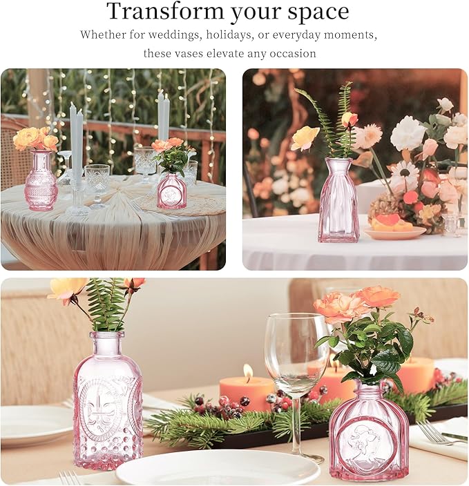 Glass Bud Vases Set of 64 - Pink Assorted Small Mini Glass Vases for Flowers, Crystal Vintage Vase Set, Bulk Centerpieces for Table Décor, Wedding, Home and Events (Pink, 64 Pcs)