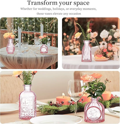 Glass Bud Vases Set of 16 - Pink Assorted Small Mini Glass Vases for Flowers, Crystal Vintage Vase Set, Bulk Centerpieces for Table Décor, Wedding, Home and Events (Pink, 16 Pcs)