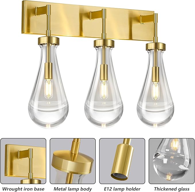 Raindrop Wall Sconces Gold Crystal Sconces Wall Decor Modern Lighting Glass Bathroom Sconces Indoor Vanity Light Wall Lamp for Bedroom Living Room Stair(3-Light)