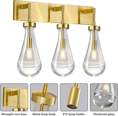 Raindrop Wall Sconces Gold Crystal Sconces Wall Decor Modern Lighting Glass Bathroom Sconces Indoor Vanity Light Wall Lamp for Bedroom Living Room Stair(3-Light)