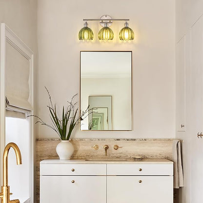 Bathroom Light Fixtures, 3-Light Vanity Wall Light Over Mirror with Green Tulip Glass Shade for Bedroom Living Room (Bulb Not Included), Satin Nickel