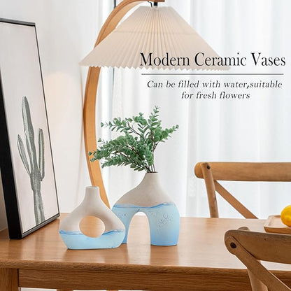 White Ceramic Vase Set of 2 for Modern Home Decor, Round Matte Donut Vases for Pampas Grass, Neutral Boho Nordic Minimalism Style Flower Vases for Living Room Wedding Table Party Office Bedroom