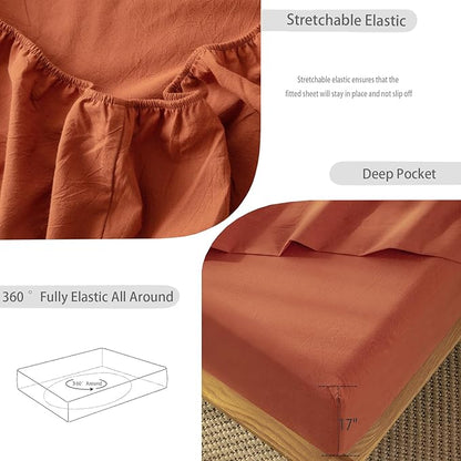 MooMee Bedding Sheet Set 100% Washed Cotton Linen Like Textured Breathable Durable Soft Comfy (Solid Rust Brown, King)