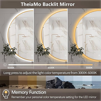 32" Round LED Bathroom Mirror, Wall Mounted Round Backlit Mirror LED Bathroom Vanity Mirror with Lights Fog Free Circle Lighted Mirror with Gold Frame, Smart Light up Mirror 3-Color