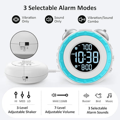 uscce Loud Dual Alarm Clock with Bed Shaker - 0-100% Dimmer, Vibrating Alarm Clock for Heavy Sleepers or Hearing Impaired, Easy to Set, USB Charging Port, Snooze, Battery Backup (White)