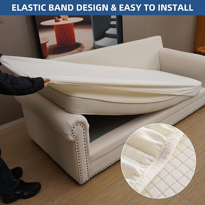 Eismodra Couch Cushion Covers Magic Stretch Sofa Slipcover for 3 Cushion Couch Dogs Pet L Shape 2 Seat Replacement Furniture Protector,Cream White Length 37-53 inches(Only 1 Piece)