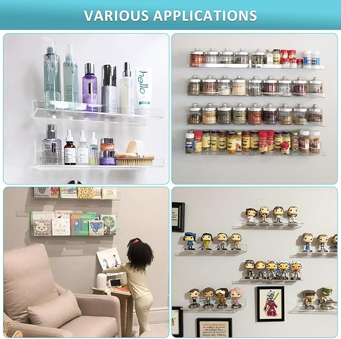 Albumgit 2 Pack Acrylic Shelves for Wall Storage, Self-Adhesive 15" Clear Floating Shelf for Figures, Photo, Makeup, Book, Wall Mounted Shelves for Bathroom, Living Room, Bedroom, Kitchen