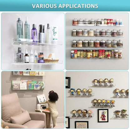 Albumgit 2 Pack Acrylic Shelves for Wall Storage, Self-Adhesive 15" Clear Floating Shelf for Figures, Photo, Makeup, Book, Wall Mounted Shelves for Bathroom, Living Room, Bedroom, Kitchen