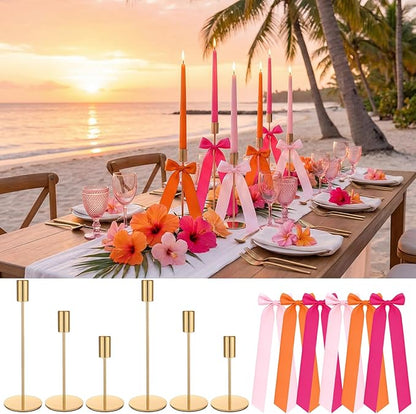6 Set Pink and Orange Sunset Party Decorations, 6 Candle Holders and 6 Ribbon Bow, Metal Brass Gold Candlestick Holders for Table Wedding Bachelorette Birthday Tequila Sunrise Party Supplies