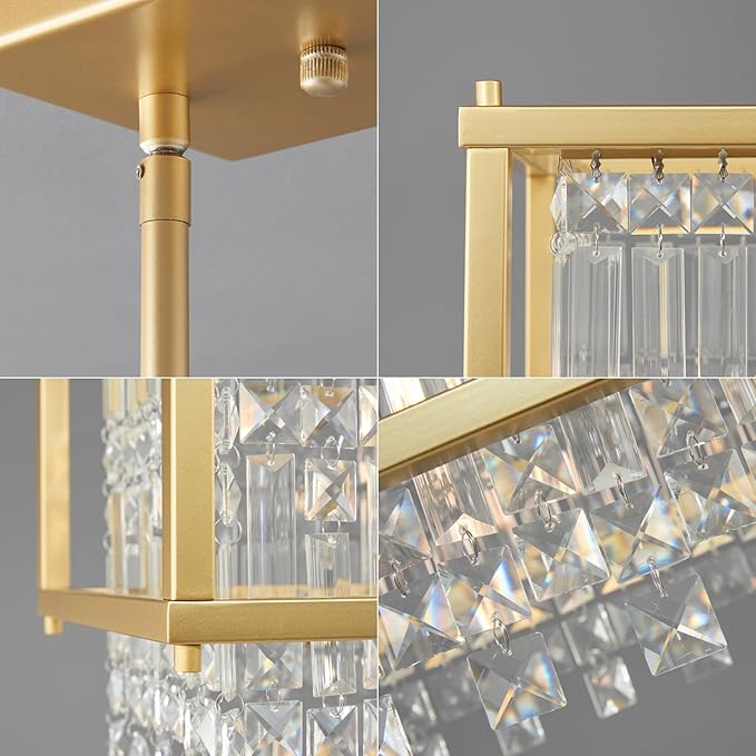 LMQNINE Modern Rectangle Chandelier for Dining Room, Gold Crystal Chandelier Linear Light Fixture, Farmhouse Chandeliers for Kitchen Island, Bar Table, L25.98'' x W9.84'' x H8.66''