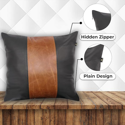 LL LEATHER LOVERS Lambskin Leather Pillow Cover - Sofa Cushion Case - Decorative Throw Covers for Living Room & Bedroom, 22x22 Inches - Black & Tan Crunch Pack of 2