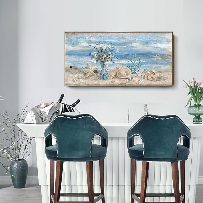 Framed Wall Art for Living Room Blue Ocean Seaside Landscape Beach Picture Coastal Canvas Print Abstract Seascape Painting Daisy Flower in Indian Vase Sea View Artwork for Home Decor 48" W x 24" H