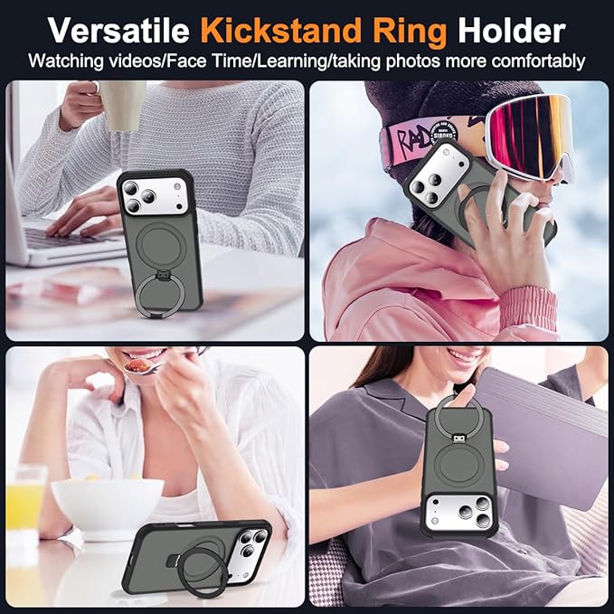 Compatible with iPhone 17 Pro Case with Invisible Magnetic O-Ring Stand Military-Grade Translucent Phone Case for iPhone 17 Pro 6.3" [Compatible with Mag-Safe][Great Grip Feeling], Black