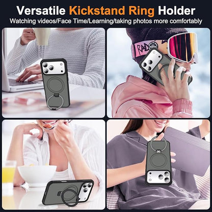 Compatible with iPhone 17 Pro Case with Invisible Magnetic O-Ring Stand Military-Grade Translucent Phone Case for iPhone 17 Pro 6.3" [Compatible with Mag-Safe][Great Grip Feeling], Black