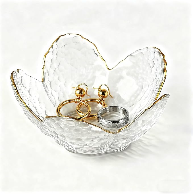 Clear Flower Jewelry Dish Tray Glass Ring Dish Jewlery Tray Cute Bathroom Trinket Dish Jewely Bowl Nightstand Decor Jewerly Plate Ring Holder Christmas Friendship Birthday Gifts for Women